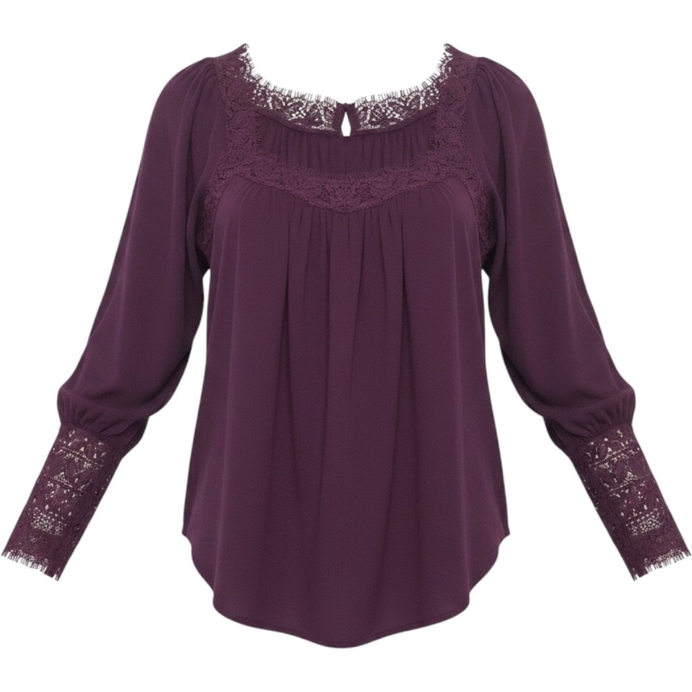 Free People Purple Lace Trim Peasant Blouse Long Sleeve Boho Top Medium EUC - Picture 1 of 10